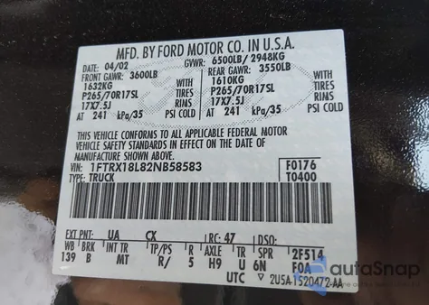 2002 Ford F-150 Lariat/Xl/Xlt from USA, damaged, VIN 1FTRX18L82NB58583